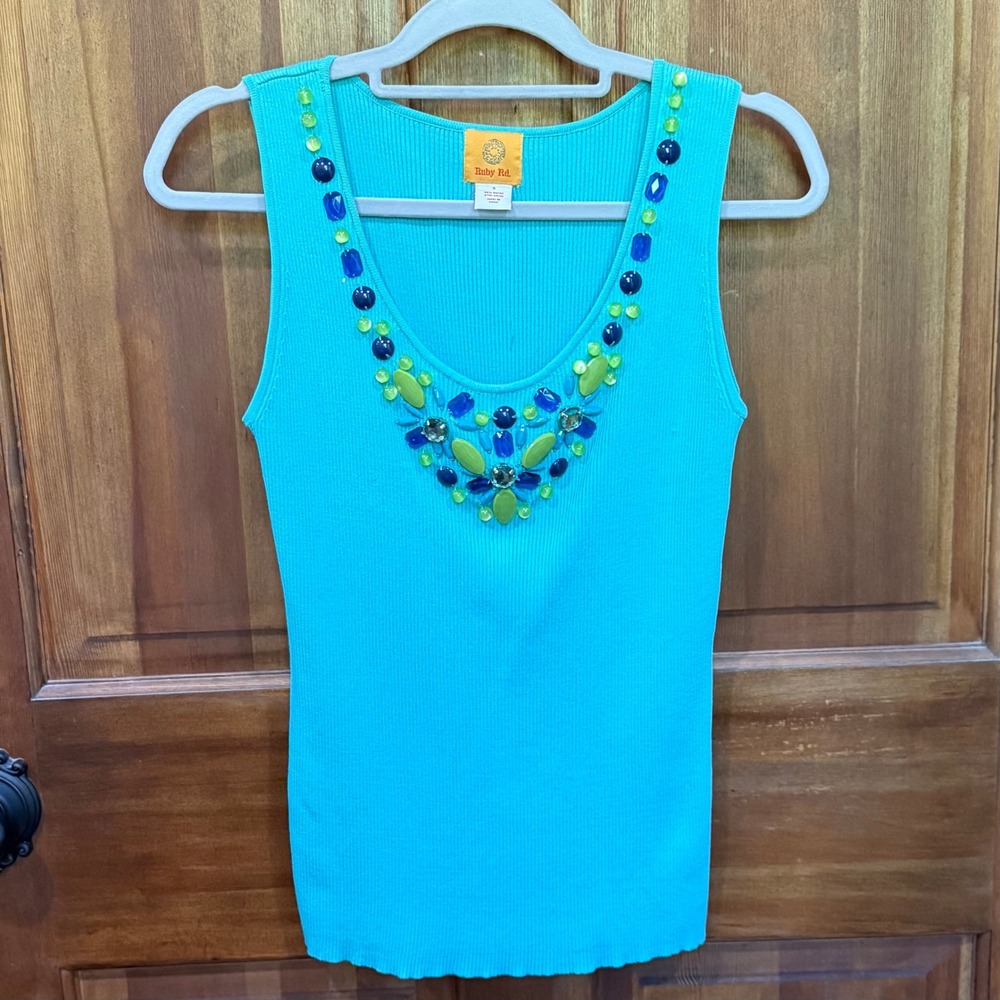 Ruby Rd Womens Turquoise Blue Beaded Scoop Neck Ribbed Knit Tank Top Small EUC